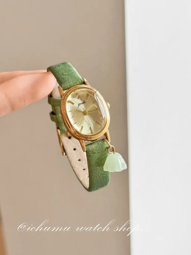 ヴィンテージグリーンレディースウォッチ美しい絶妙な時計ギフト高級ブレスレット防水レザーエレガントな女性のクォーツ時計