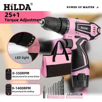HILDA 12V Lithium Electric Drill 3/8-Inch Pink Electric Cordless Screwdriver Perforated Hand Mini Drill Power Driver Tools
