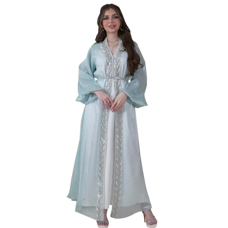 Ramadan Morocco Luxury Fashion Bubble Sleeve Cardigan Dubai Elegant Long Dress Middle Eastern Robe Hot Diamond 3-Piece Set