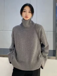 Maillard 100% pure wool sweater for women, loose and thick, lazy style base, knitted silhouette, high neck sweater