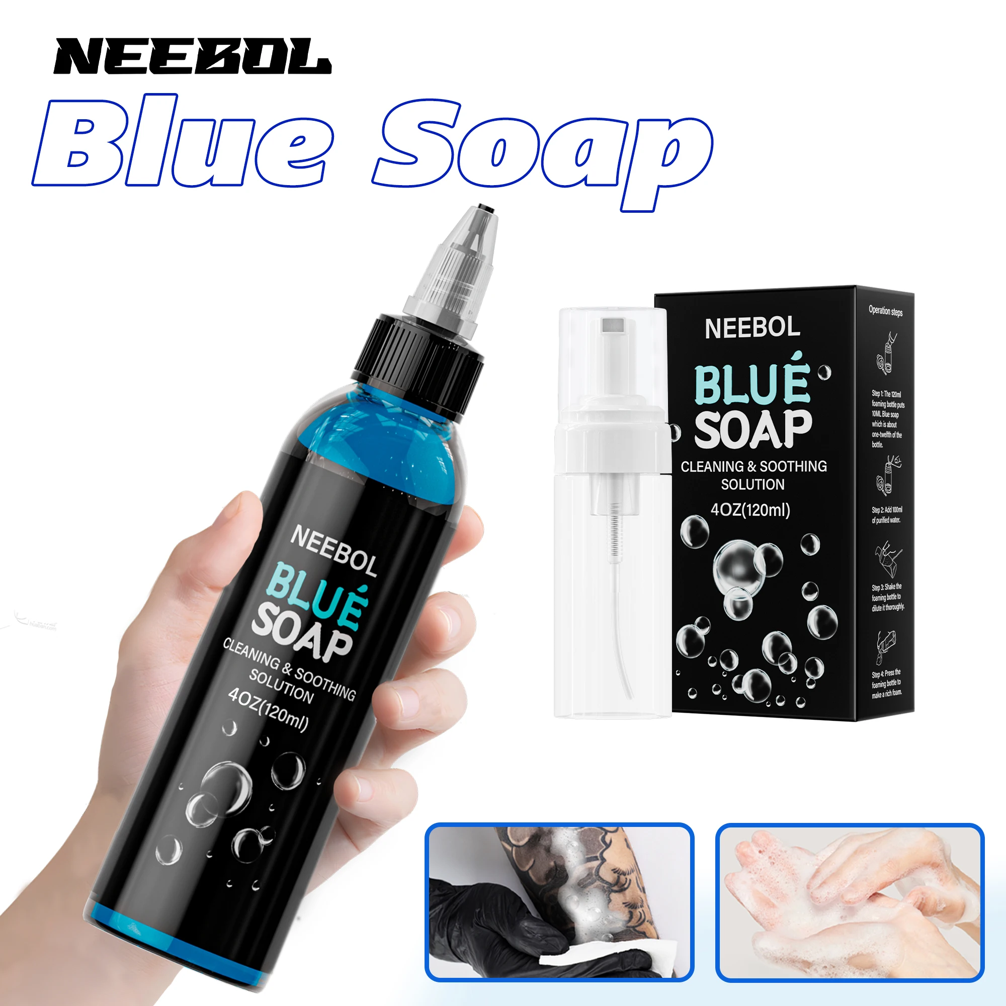 

Neebol Tattoo Blue Soap 120 мл Инструмент для чистки татуировок с пенящимся горшком Набор для татуировки Подходит для начинающих татуировок и татуировщиков