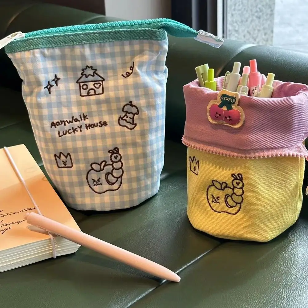 Creative Fruit Canvas Pen Bag Worm Multi-functional Cartoon Pen Case Cherry Color Blocking Stationery Storage Stationery Storage