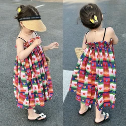 Girls' Sweet Princess Party Dress Suspender Fluffy Korean Style Summer Skin-friendly Breathable Ruffled Design Mid-calf Dress