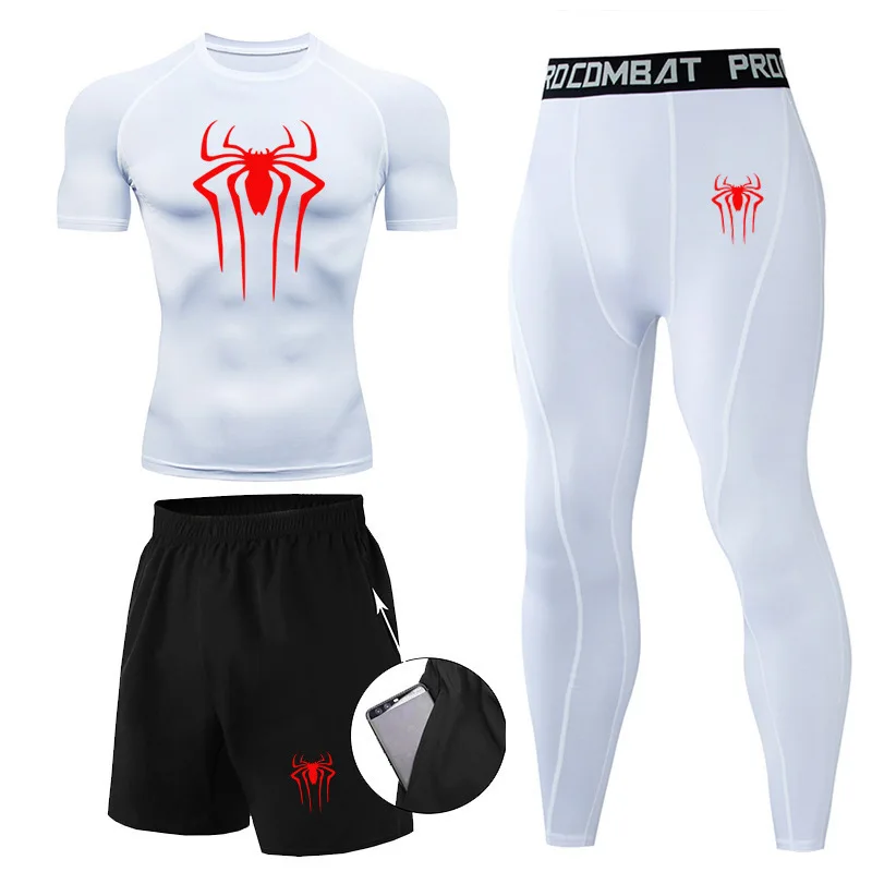 Men 3Pc Set Compression Sports Suit Spider Thermal Underwear Long Johns Clothes Running Tracksuit Wear Exercise Workout Tights