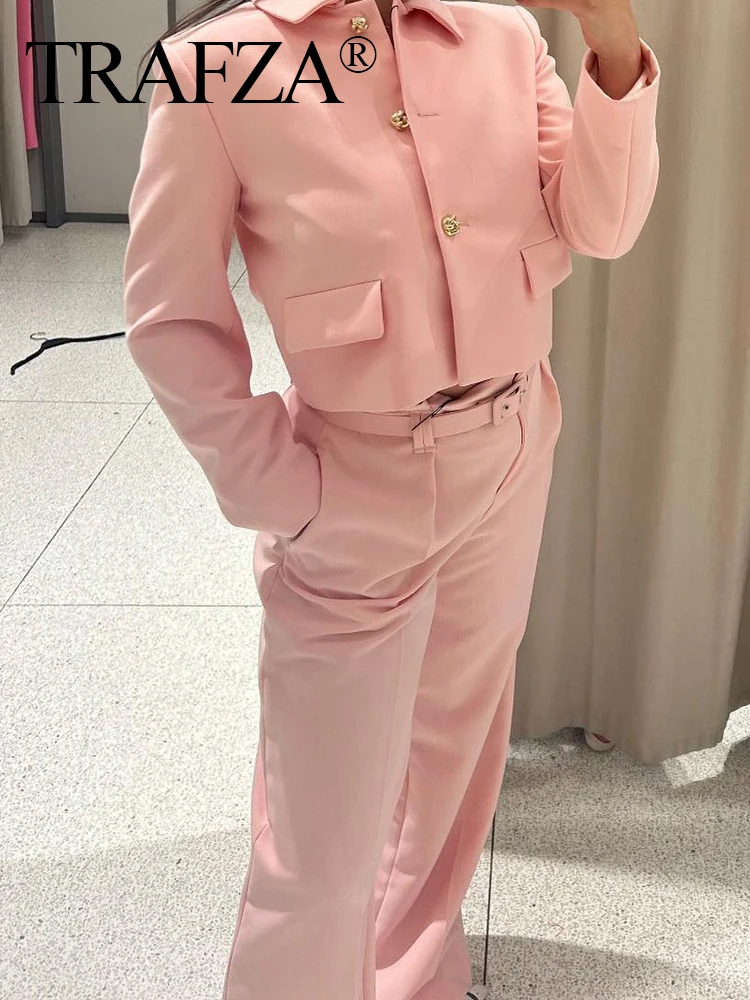 

TRAFZA Women Spring Fashion Blazer Suits Pink Turn-Down Collar Long Sleeves Single Breasted Coats+High Waist Belt Zipper Pants