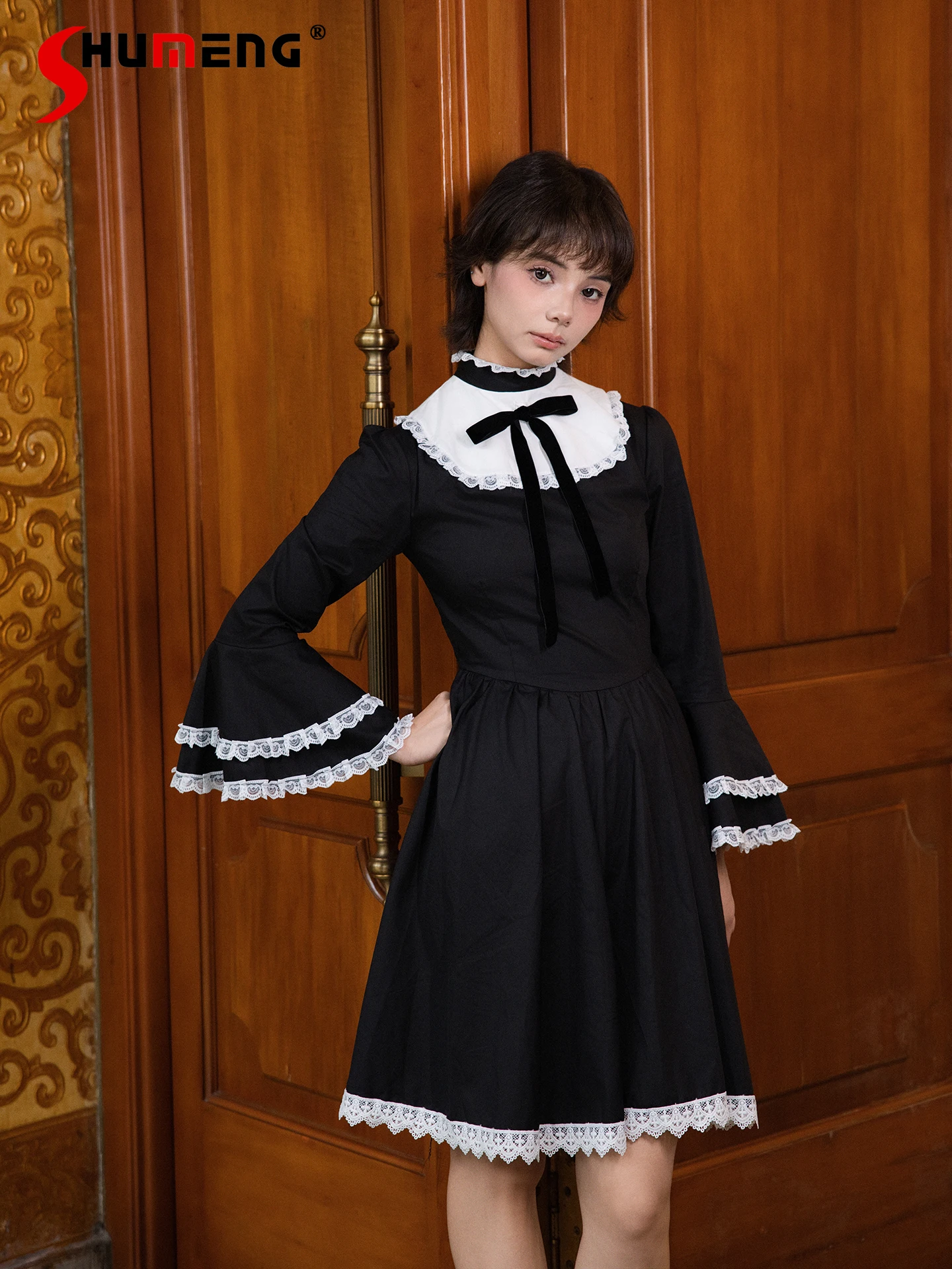 

Original Gothic Elegant Long Sleeve Dress Spring Autumn Women's Slim Fit Lolita Knee-Length Dress French Style Lady Retro Dress