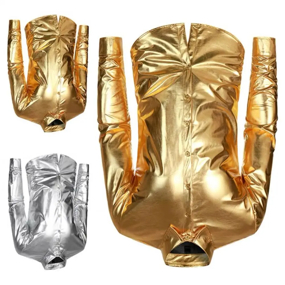Men Performance Shirt Glossy Surface Turn-down Collar Single-breasted Long Sleeves Buttons Satin Club Party Stage Show Shirt