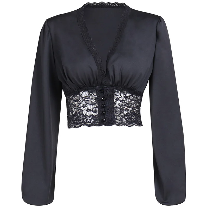 2022 Summer New Long Sleeve Lady Shirt Black Satin Sexy Lace Blouse for Elegant Women Tops