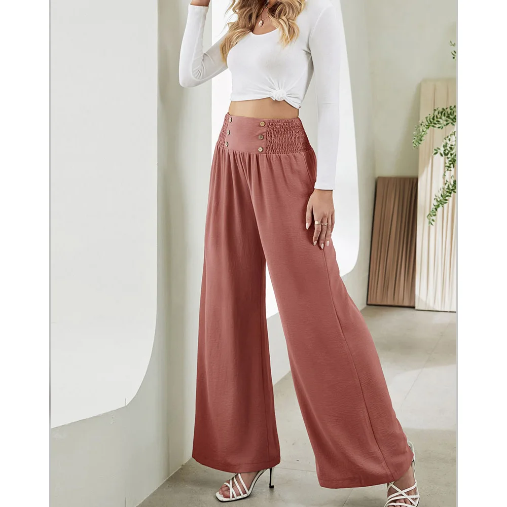 Pantalones de pierna ancha de cintura alta elástica para mujer, pantalones casuales, pantalones sueltos de pierna ancha, ropa de moda para mujer de talla grande