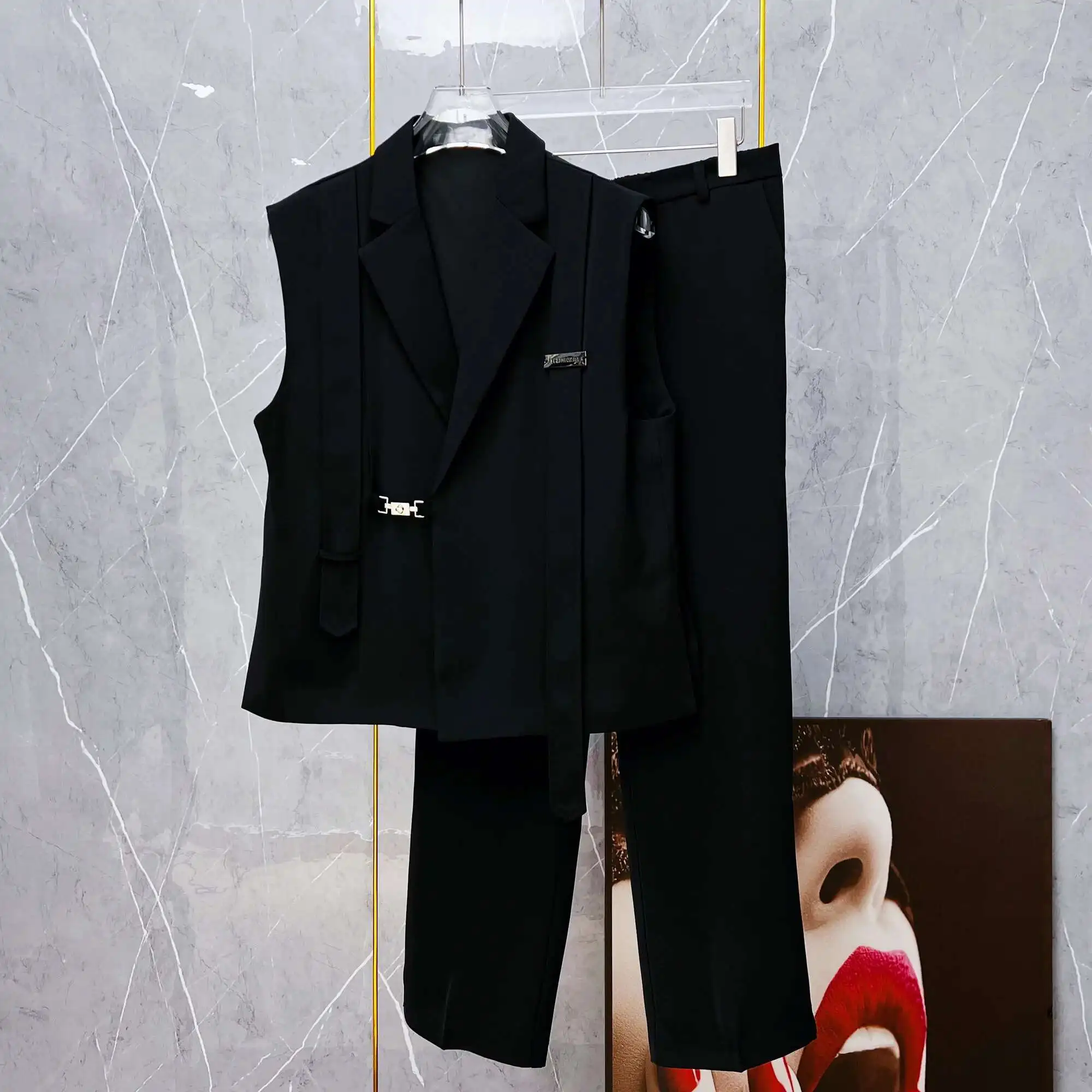 Pantalon gilet 2 pièces costume ample ensemble bureau affaires décontracté noir belles bretelles fendues vêtements d'extérieur pour hommes vêtements coréens bouton en métal