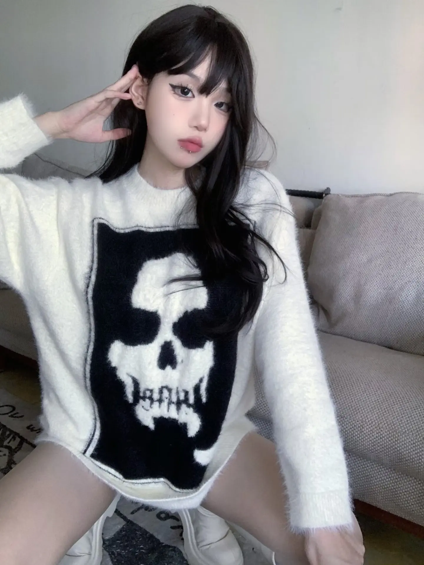 

Американский винтажный сладкий пряный свитер, вязаный однотонный свитер с длинными рукавами и буквенным узором, модный повседневный пуловер, женский осенний