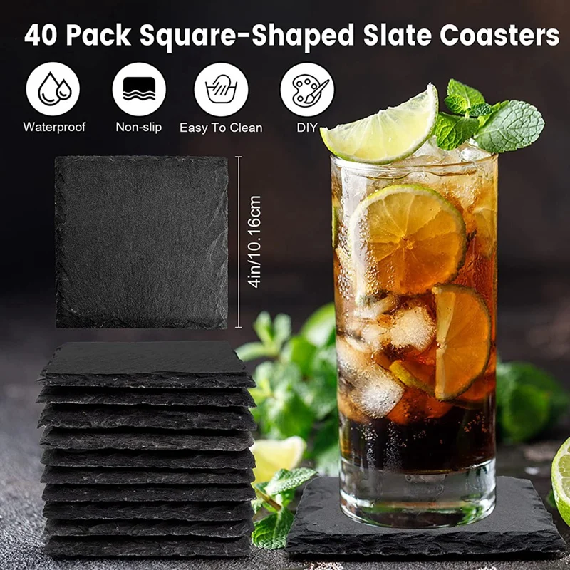 Imagem -05 - Quadrado Preto Ardósia Pedra Coasters Handmade Drink Bar Coasters a Granel Polegada 12 Pcs