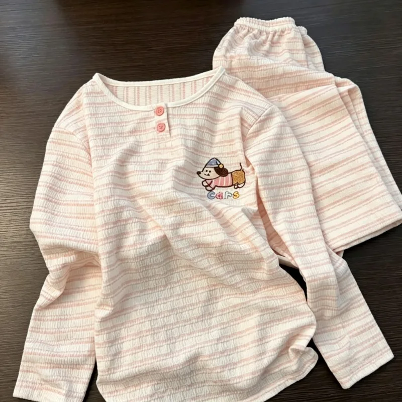 Gestreiftes Pyjama-Set mit süßer Hundestickerei, Langarm, Rundhalsausschnitt, Damen-Heimkleidung, Harajuku-Stil, Loungewear, Schlafanzug, Nachtwäsche