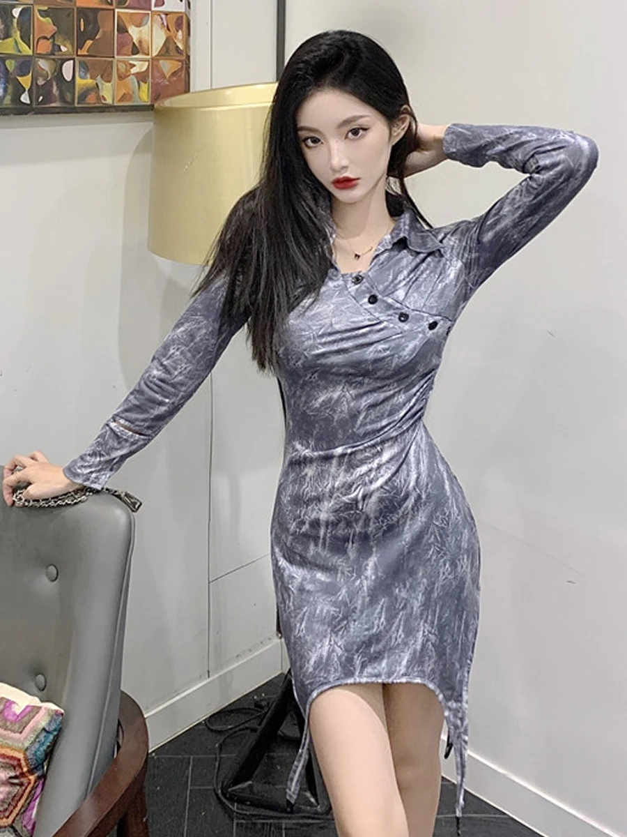 

Сексуальный дизайн Spicy Girl Асимметричная облегающая юбка Pure Desire Long Sve с принтом Базовый слой Dr Высокая талия V-ne H-pe