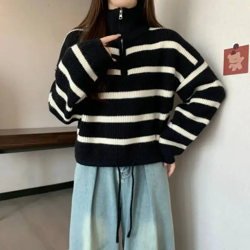 Y K Gestreepte Truien Dames Herfst Winter Halve Rits Kraagvorm Chique Gebreide Truien Vintage Contrast Streetwear Jumpers