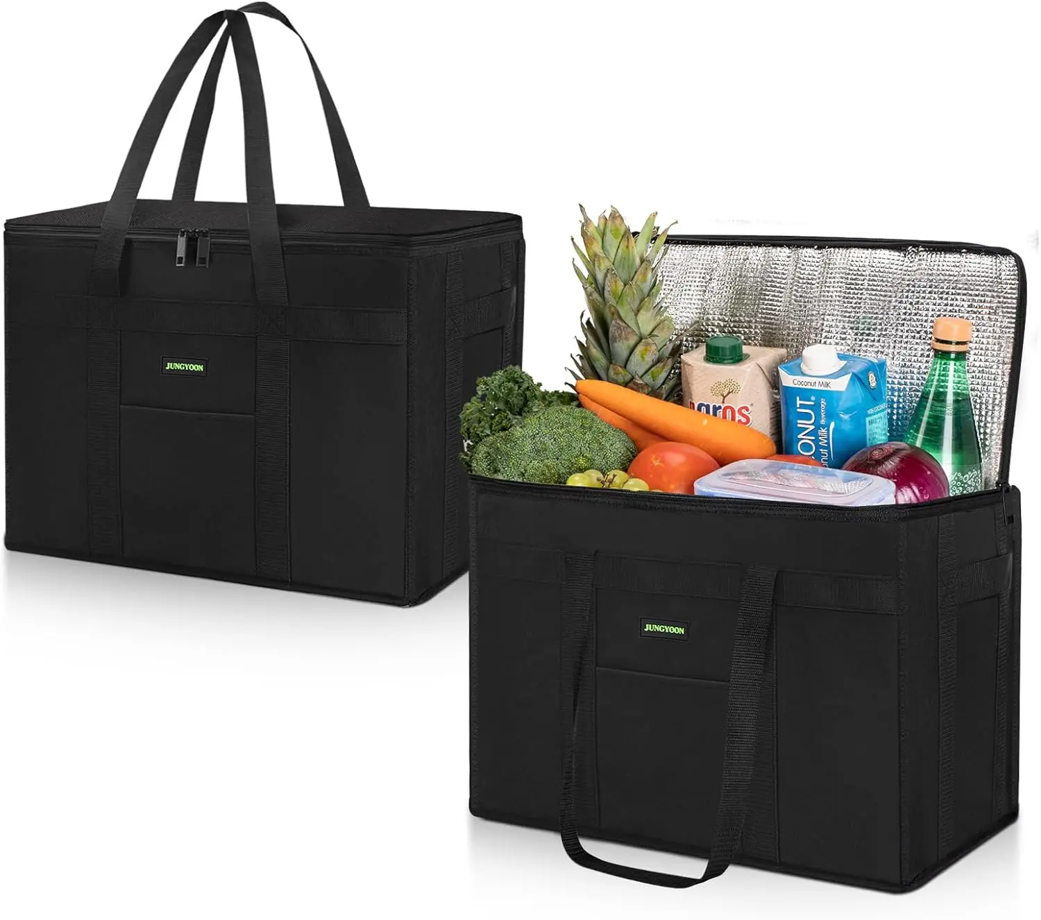 

Heavy-Duty Insulated Grocery Bags with Zippered Top for Cold and Hot Food, Collapsible Cooler Bag