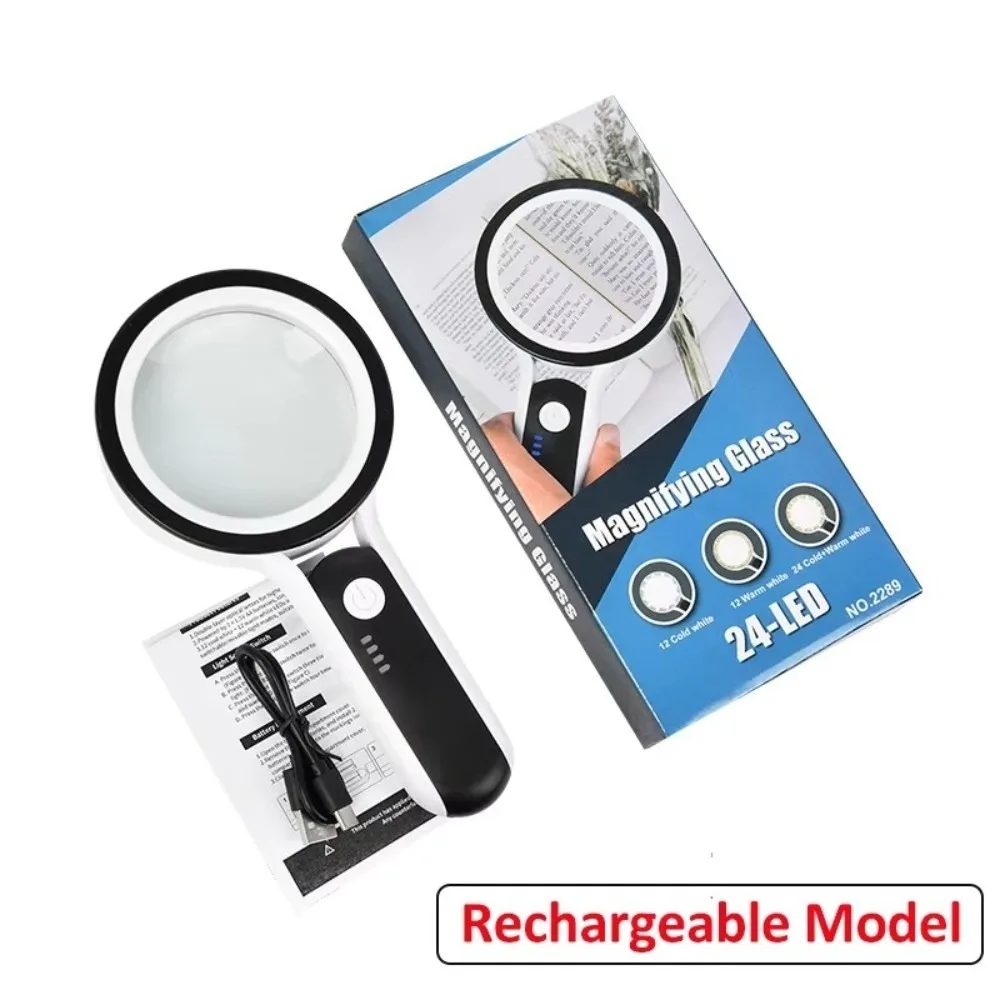 30X Magnification Handheld Magnifier 24 LED Lights Rechargeable Rechargeable Magnifier 3 Lighting Modes Built-in Light