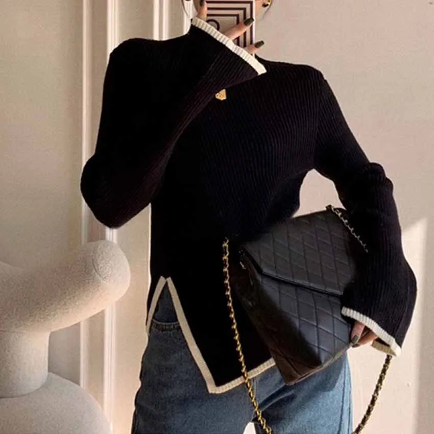 

High Collar Knitted Sweater Women's Autumn Winter Loose Style Irregular Design Comfortable Lazy Fashion Early Autumn Top