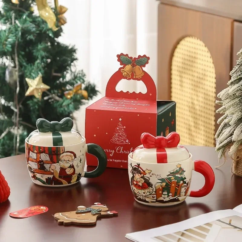 Christmas card ventilated ceramic mug with lid, high-quality appearance, suitable for home use, coffee cup, office Christmas cup