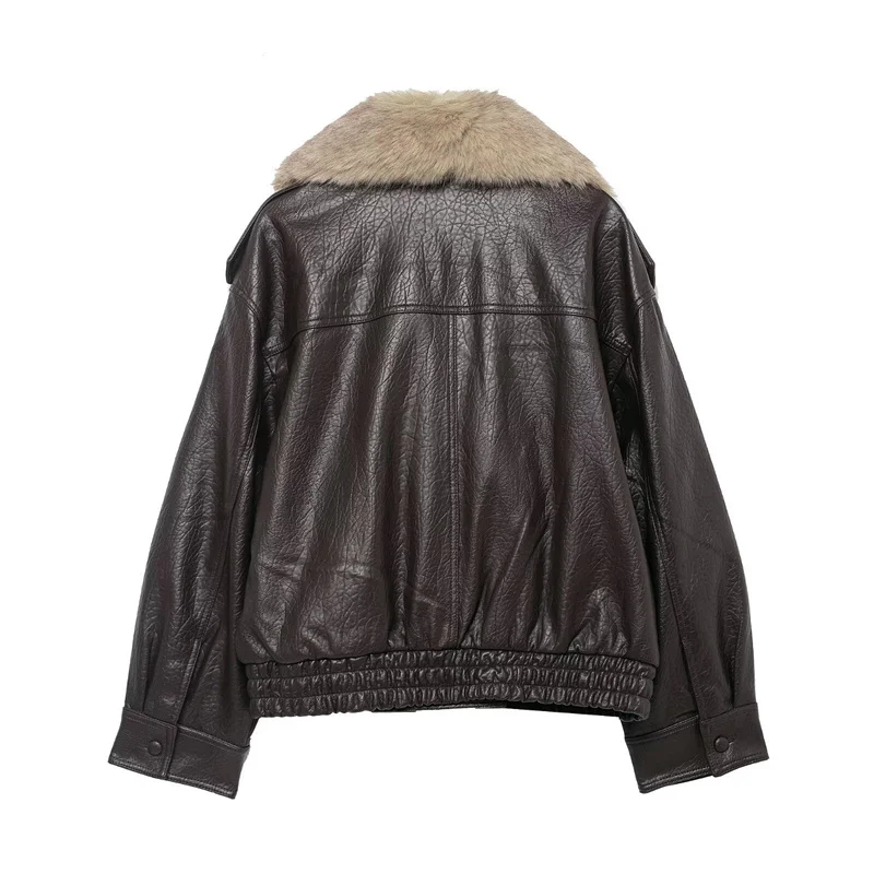 Women's Jacket 2025 Autumn/Winter New Style Dark Brown Long-Sleeve Faux Leather Jacket with Large Fur Collar Casual Fashion