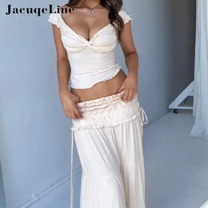 

Jacuqeline y2k Maxi Dress Two Piece Sets Women French Outfits Sexy Off Shoulder Deep V Crop Tank Top and Ruched Long Skirts Sets