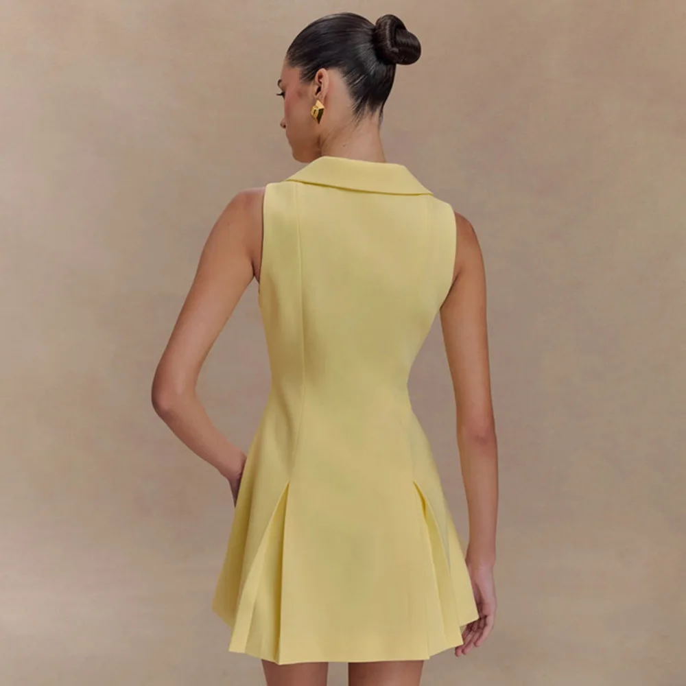 ผู้หญิงฤดูร้อน Vintage A-Line ชุดมินิแขนกุดคอปกปุ่มด้านหน้า Smocked เอว Fluted Hem ค็อกเทลปาร์ตี้ชุด