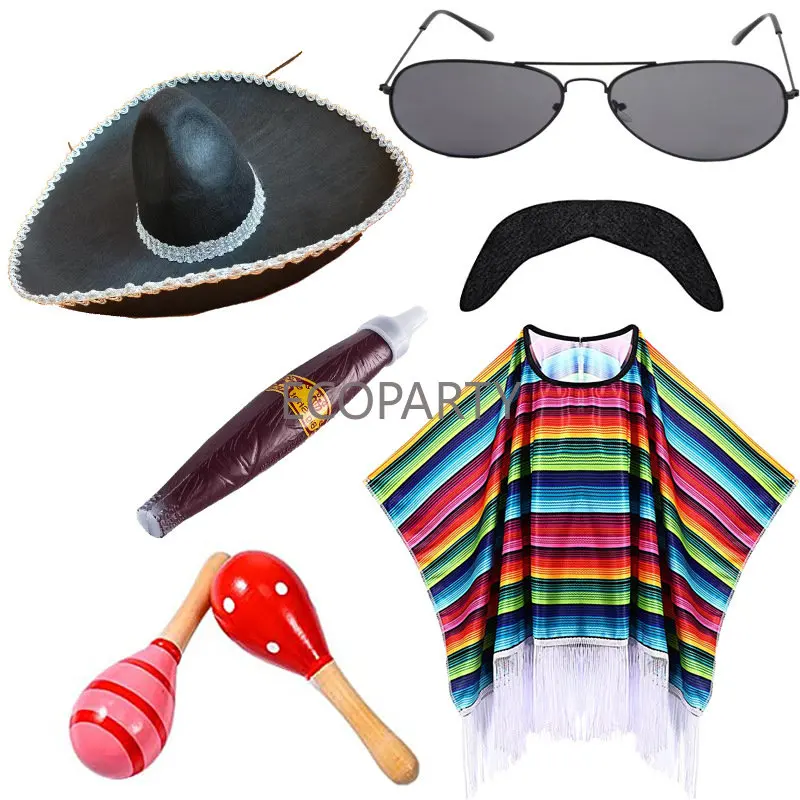 Chal mexicano capa de Halloween Cosplay fiesta de graduación Festival sombrero mexicano gafas de sol pipa de humo capa a rayas para niños adultos 6 piezas