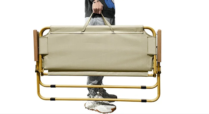 折りたたみ式ダブルシートキャンプチェア、ポータブル屋外芝生ピクニックハイキング、木製アームレストとカップホルダー付き屋外用折りたたみ式