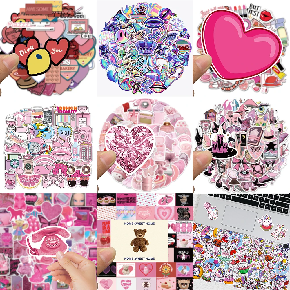 10/30/50PCS Cartoon Pink Stickers Series Creative Acidic Graffiti Bicycle Scooter Helmet Notebook Computer Decoration Wholesale