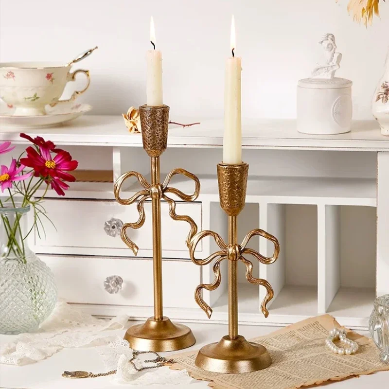1PC French Style Candle Holder with Bow Knot Golden Luxury Advanced Sense Romantic Photo Props Home Decoration