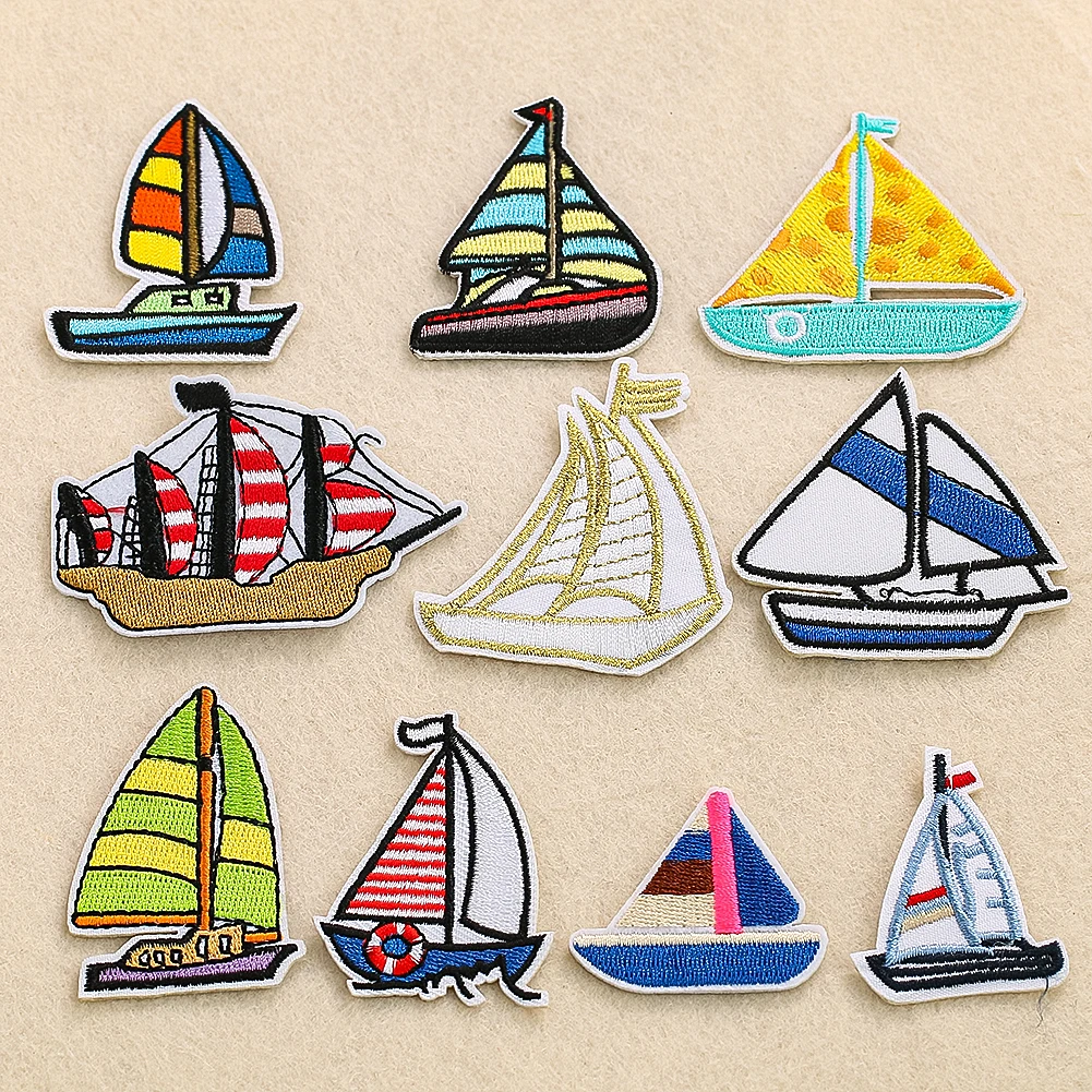 10ชิ้นชุดการ์ตูนเย็บปักถักร้อยเรือใบตกแต่ง applique รีดบนแพทช์ถ่ายโอนสำหรับเสื้อผ้า Dinghy scrapbooking Supplies