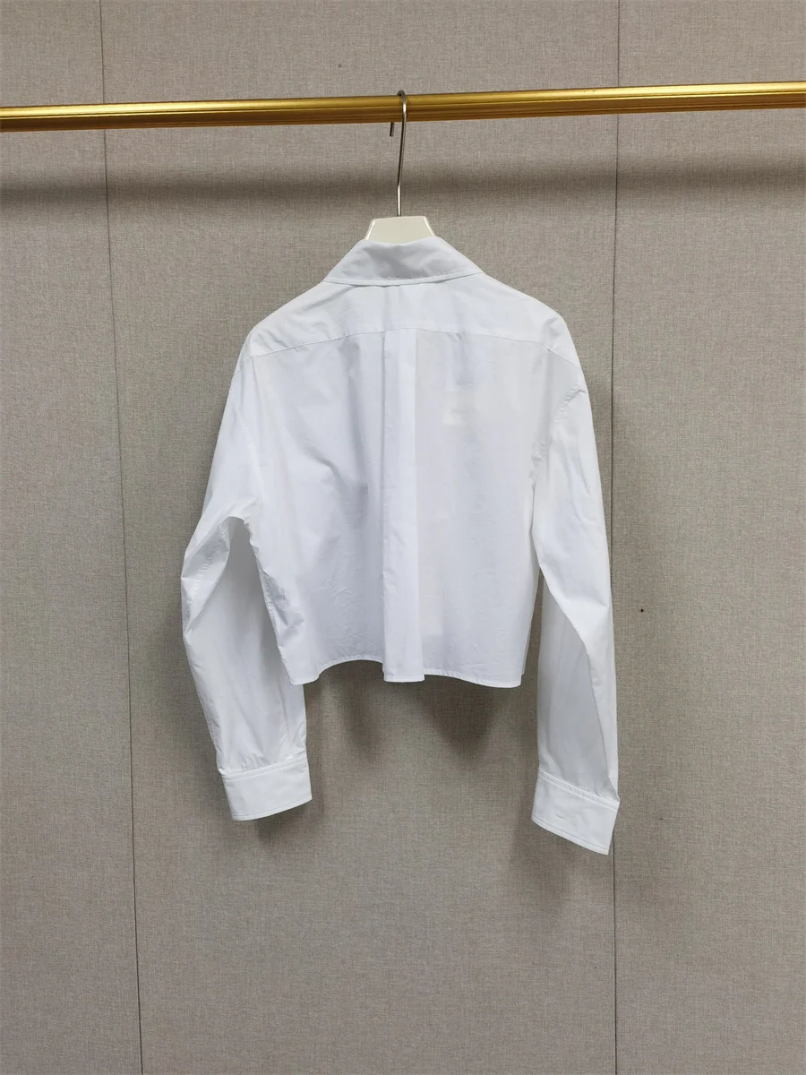 【هدية مجانية】قميص نسائي أبيض قصير فضفاض لخريف وشتاء 2025 نمط فرنسي متخصص طية صدر صغيرة مزدوجة S بلوزة عصرية مطرزة #3