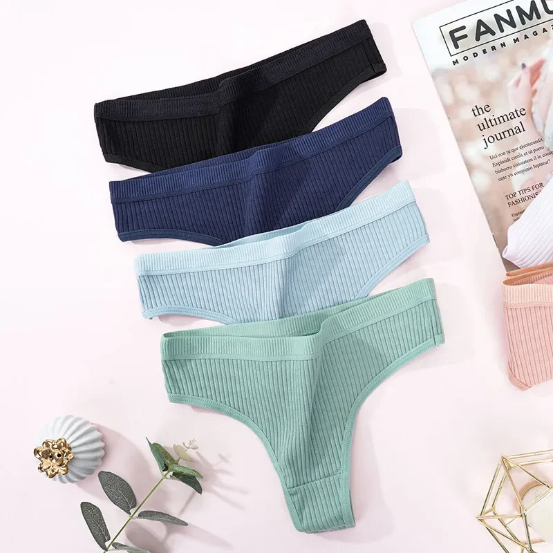 4Pcs Women\'s Panties Fashion Striped Thongs Soft Cotton Underwear Ladies Sexy Lingerie Sports Breathable G-Strings Cozy T-Back