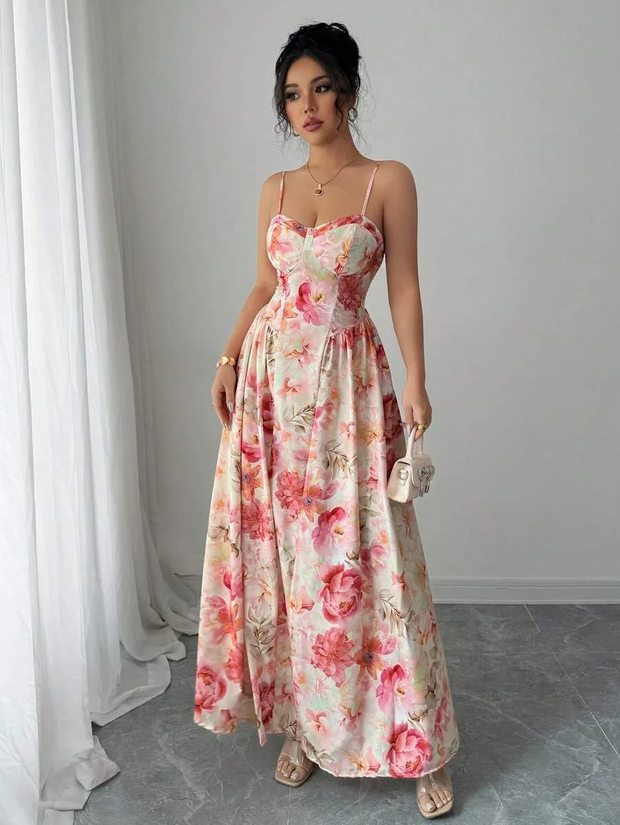 Letnia sukienka na ramiączkach damska z głębokim dekoltem, seksowna sukienka na ramiączkach, odkryte ramiona, modna, długa sukienka wieczorowa w stylu wróżki, długa sukienka na ramiączkach spaghetti.