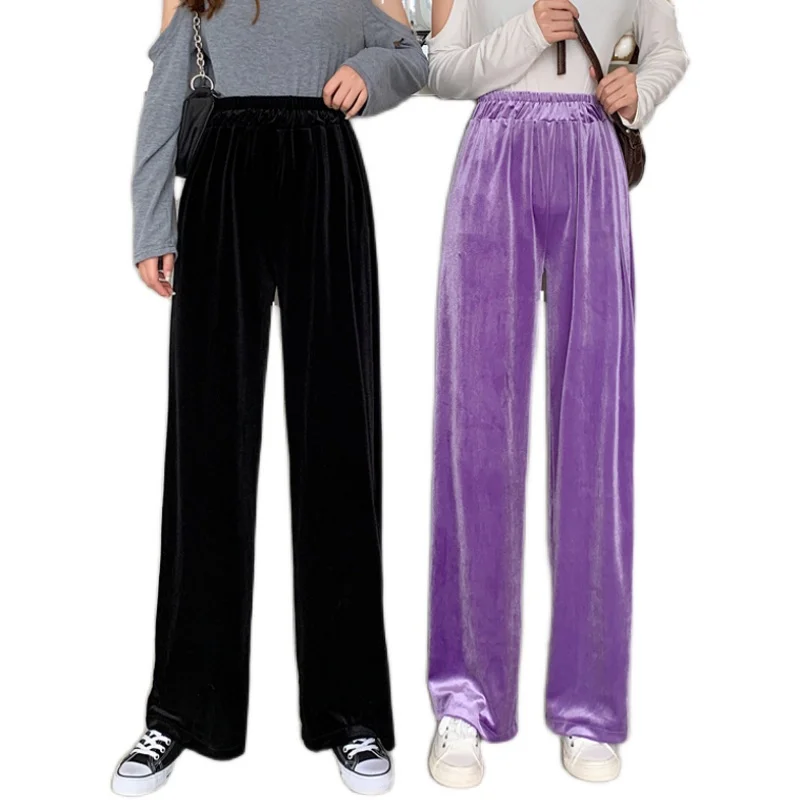 2023 Autumn Straight Velour Women Pants High Waist Casual Wide Legs Pants Black Purple Loose Female Fashion Student Trousers New