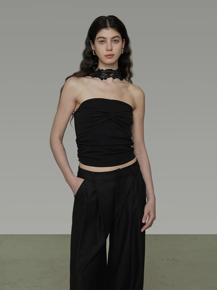 

Cross-Ne Lace Crop Top Women's Slimming Summer New Sle High-End Feelings Vest Tops Cotton Blend Fabric ort Length