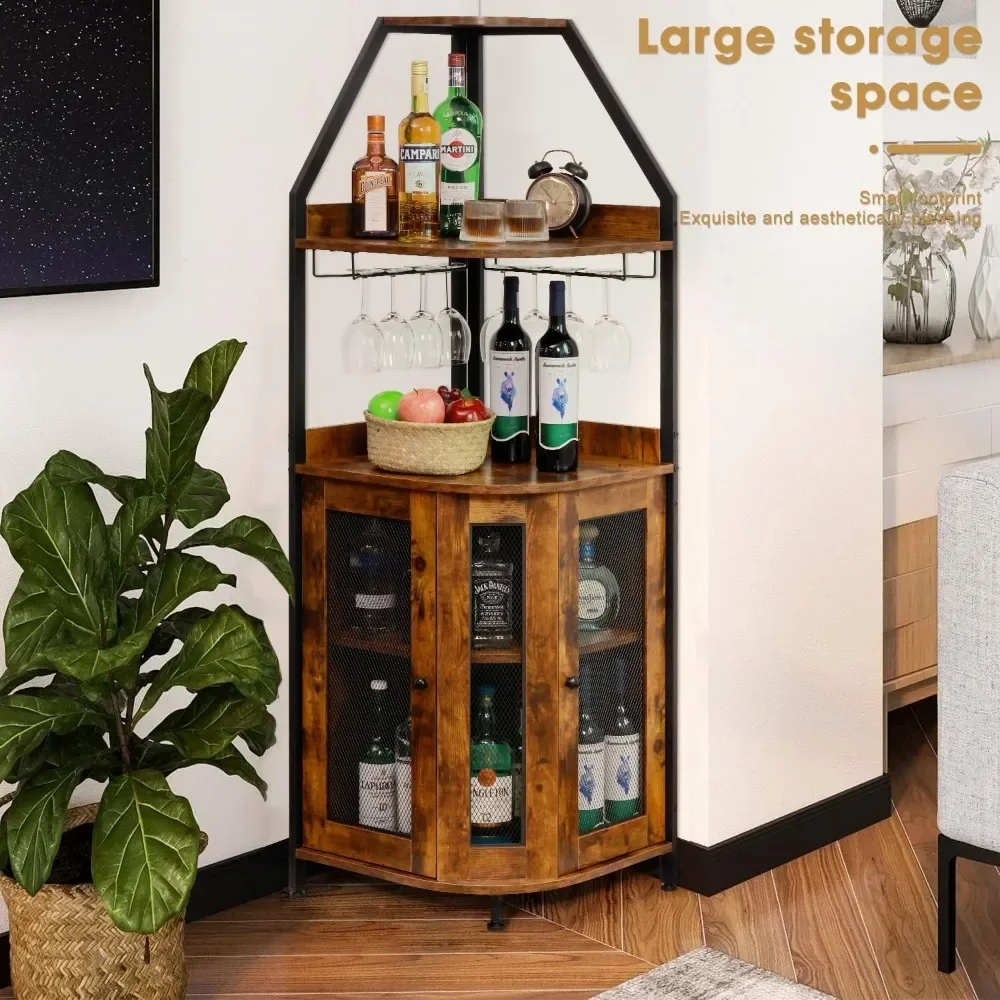 Mobile Bar ad angolo, armadietto per Wine Bar a 5 livelli con contenitore, armadietto per liquori con supporto in vetro, ripiano angolare Bar per liquori