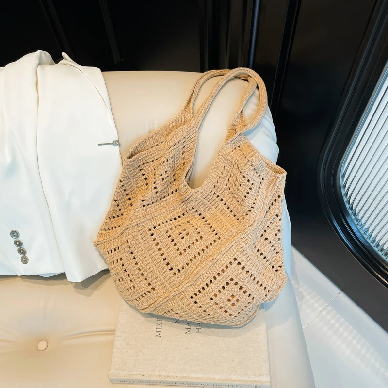 

Большая вязаная сумка на плечо для женщин, винтажная сумка-тоут из хлопчатобумажной ткани для девочек, большая женская вязаная сумка крючком