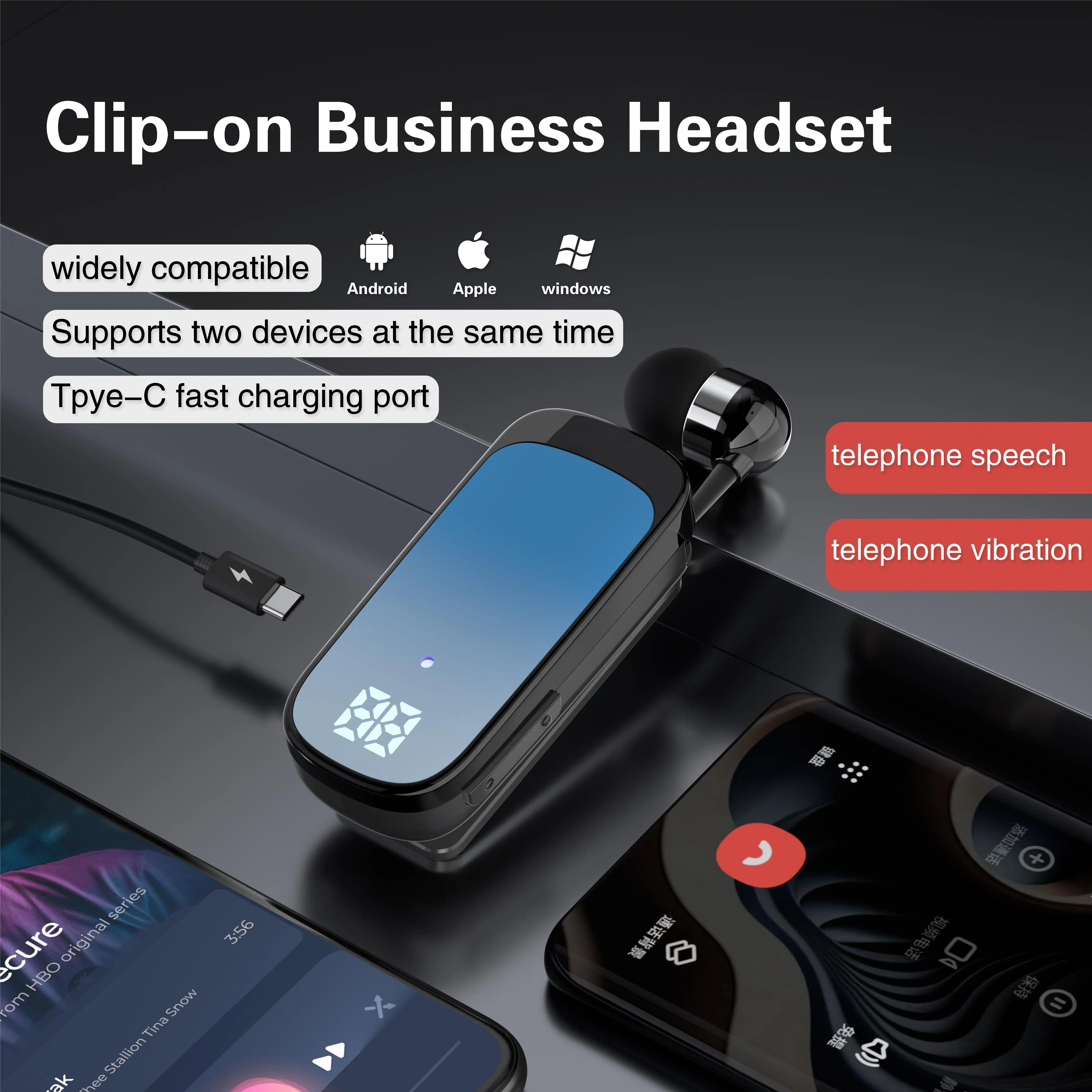 # K65 Lavalier Business Bluetooth 5.2 Headset Talk/Music Time 20 Hours LED Digital Display Noice Cancelling Wireless Earphones
