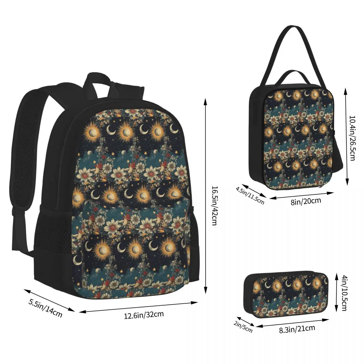 Trendy Sun Moon Boho Cosmos Astrology Backpacks Students Bookbag School Bags Kids Rucksack Lunch Bag Pen Bag Three-Piece Set