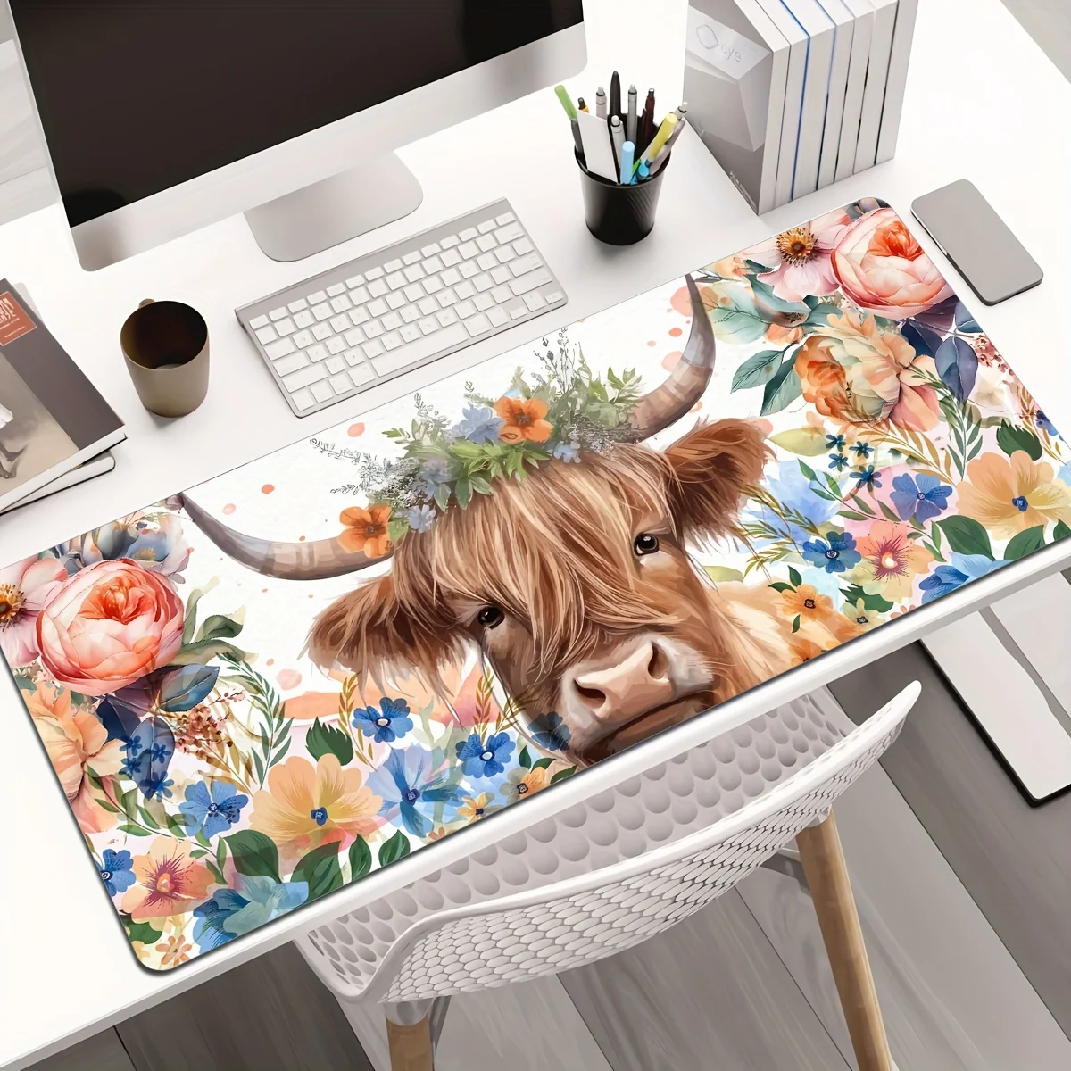 Large Games Mouse pad Highland Cow Floral Extended mouse pad with non-slip rubber for gamers office durable desk pad accessories