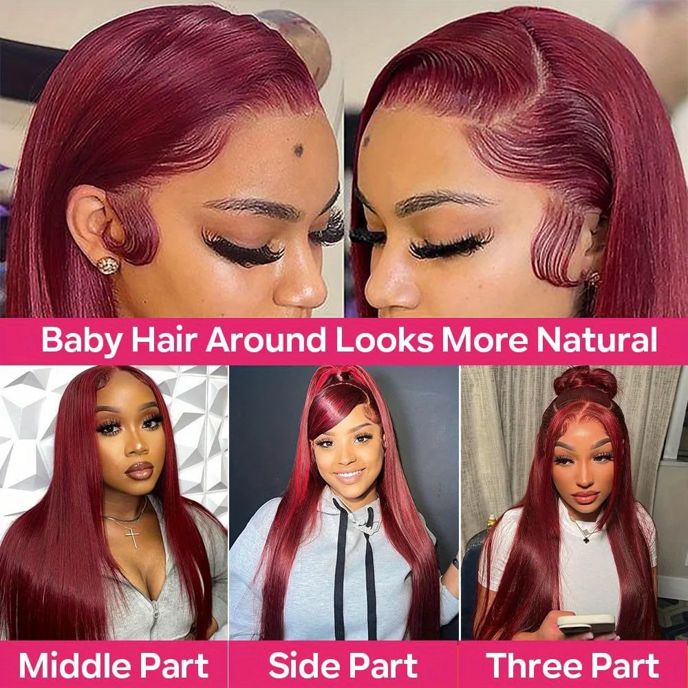 Burgunderrote gerade Perücken 13x6 HD Lace Frontal Echthaarperücke 13x4 Lace Front Perücken für Frauen 99J rot gefärbt 200 hohe Dichte