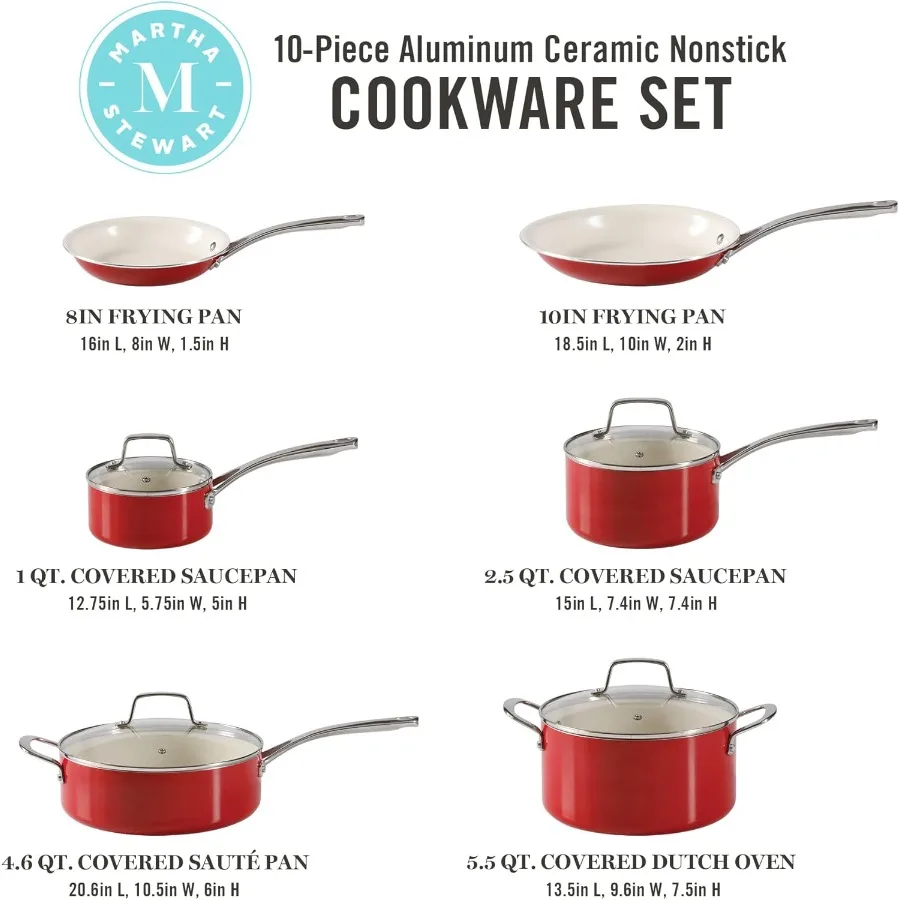 مجموعة أواني ومقالي من الألومنيوم غير لاصقة خالية من مادة PFA من Lockton مكونة من 10 قطع من المينا الثقيلة المصنوعة من الألومنيوم باللون الأحمر #2