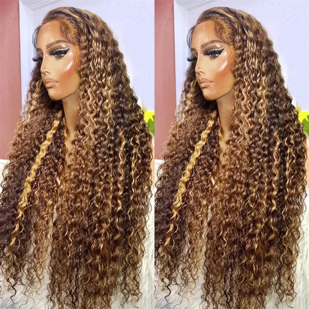 30 Inch Curly Highlight 13x4 Lace Front Human Hair Deep Wave Lace Frontal Wig Brazilian 220 Density For Black Women