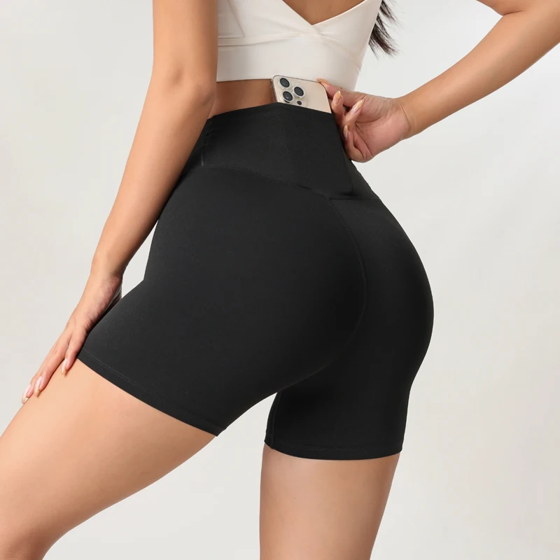 Woman's Solid Color Yoga Slim Fit Elastic Shorts High Waisted Comprehensive Training Short Pants Invisible Waist Pocket