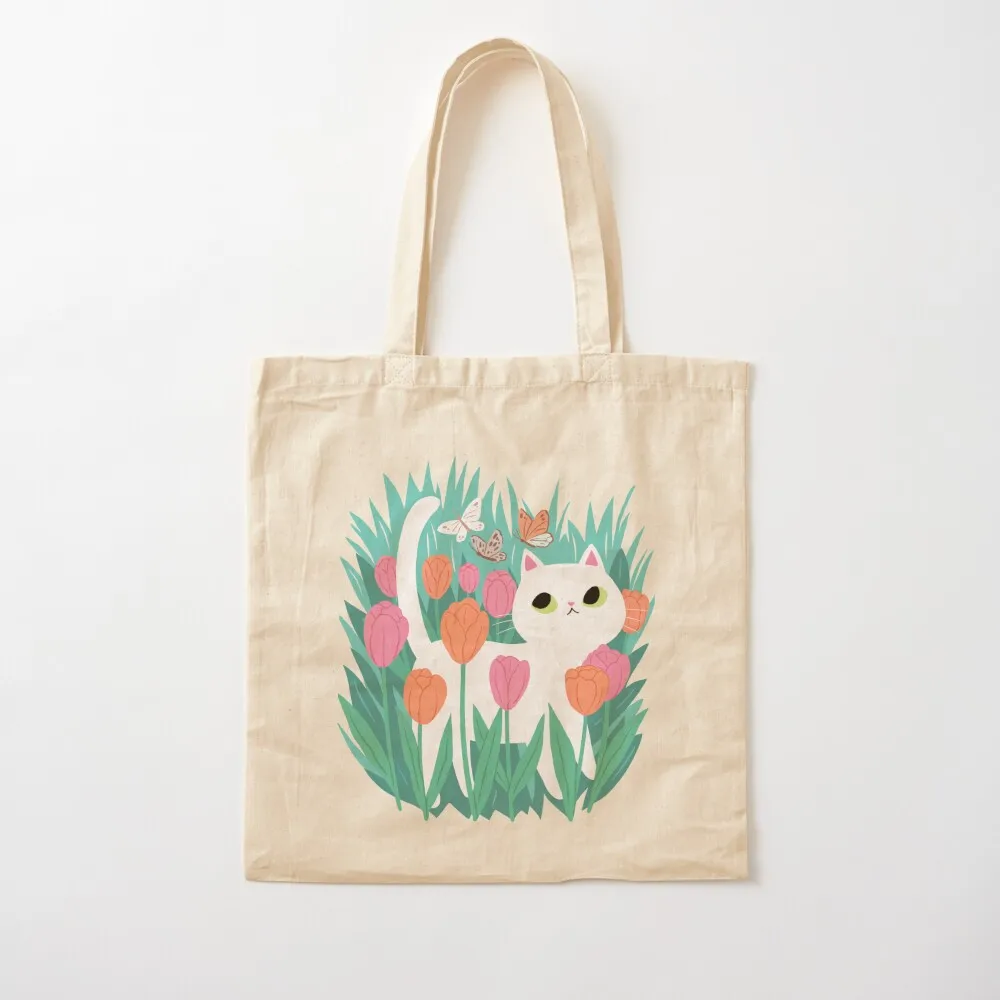 

White Cat in the Tulips Tote Bag large size bags canvas bags tote bag custom shopper bags for women Canvas Tote Bag