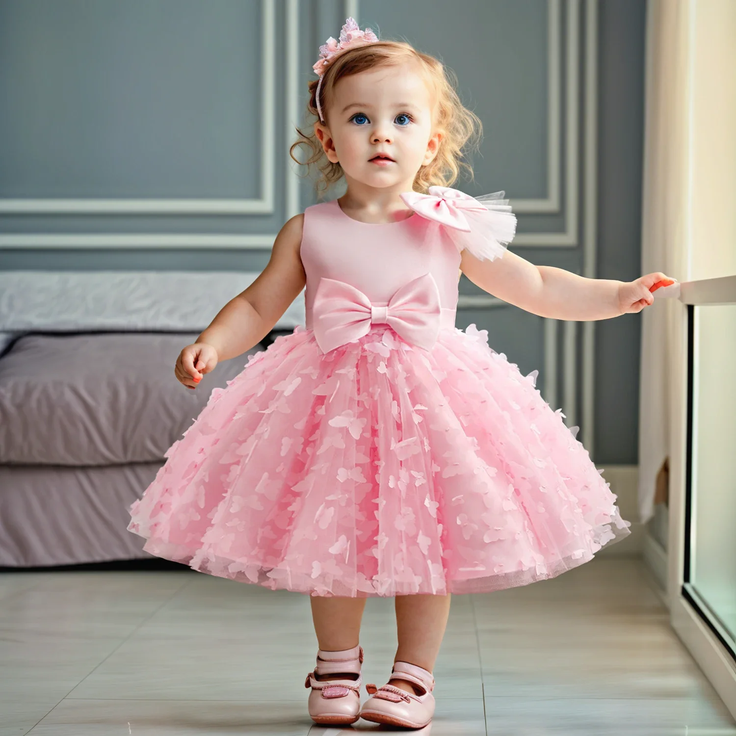 Baby Girl Party Dress Summer New Mesh Children\'s Christmas Party Dresses Toddler Kids 1st Birthday Baptism Gown Bridesmaid Dress