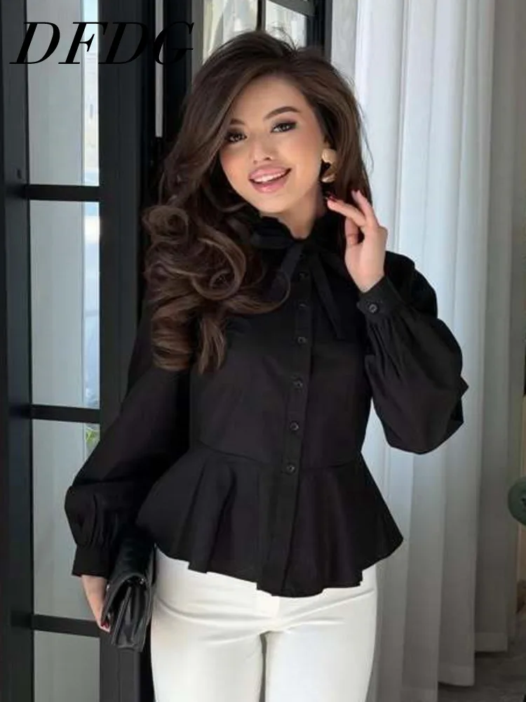 

DFDG Women 2026 Spring Summer Peplum Blouse Ruffle Collar Tie Neck Puff Sleeve Button Elegant Office Casual Pure Color Shirt