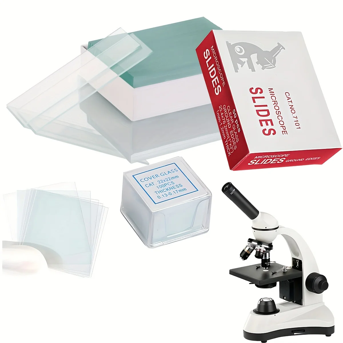 

Pre-cleaned microscope slides with chamfered edges and pre-cleaned microscope coverslips and plastic droppers