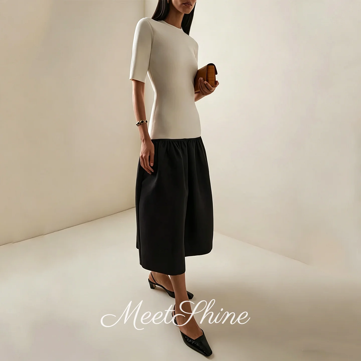 

Modern Black White O-Neck Short Sleeves Evening Dresses Simple Dubai Mermaid Ankle Length Prom Dresses for Women Customized